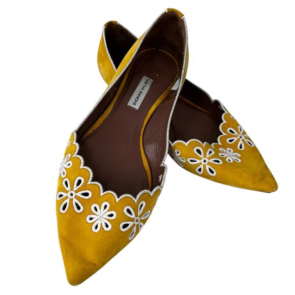 Tabitha Simmons Suede Embroidered Eyelet Flat 39 Gold Mustard 9 - Picture 2 of 12